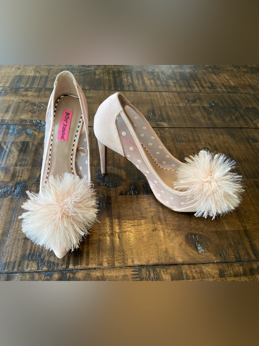 Sold: Betsey Johnson Blush Pink Pom-Pom Feather Toe Stiletto Pumps size 8